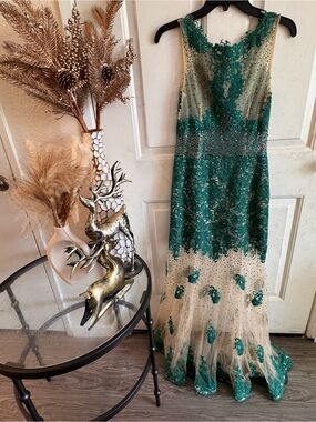 Dave & Johnny Teal and Cream Beaded Lace Evening Dress
